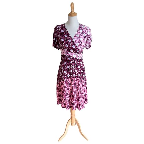 Ann Taylor Petite Mixed Floral Wrap Midi Dress Purple White Puff Sleeve V-Neck - Picture 1 of 5